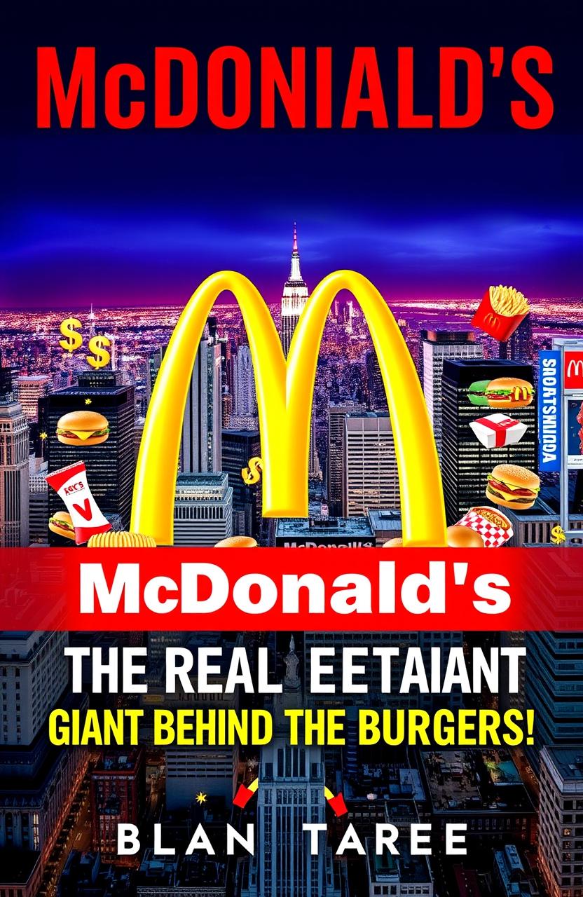 A visually striking book cover for "McDonald's: The Real Estate Giant Behind the Burgers!" designed to evoke the powerful brand presence of McDonald's