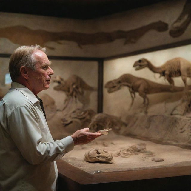 Translate Dr. Alan Grant's fascination into an image, showing him inside Jurassic Park's visitor center, in awe as he studies the impressively displayed dinosaur fossils, symbolizing the blend of past and present on Isla Nublar.