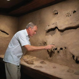 Translate Dr. Alan Grant's fascination into an image, showing him inside Jurassic Park's visitor center, in awe as he studies the impressively displayed dinosaur fossils, symbolizing the blend of past and present on Isla Nublar.