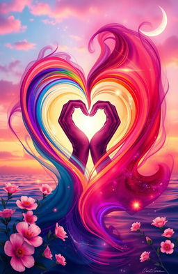 An abstract representation of the essence of love, showcasing vibrant colors swirling together to form heart shapes, intertwined hands symbolizing unity, soft glowing lights emanating warmth, a serene background of a sunset that paints the sky in hues of orange and pink, capturing intimate moments and emotions