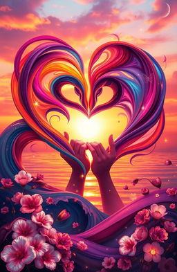 An abstract representation of the essence of love, showcasing vibrant colors swirling together to form heart shapes, intertwined hands symbolizing unity, soft glowing lights emanating warmth, a serene background of a sunset that paints the sky in hues of orange and pink, capturing intimate moments and emotions