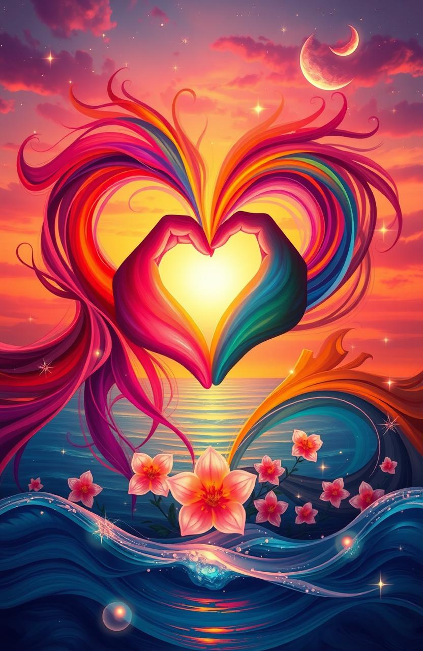 An abstract representation of the essence of love, showcasing vibrant colors swirling together to form heart shapes, intertwined hands symbolizing unity, soft glowing lights emanating warmth, a serene background of a sunset that paints the sky in hues of orange and pink, capturing intimate moments and emotions