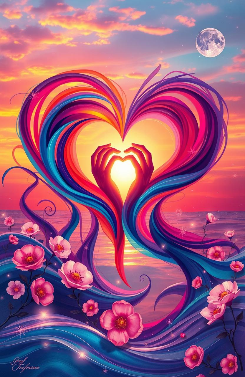 An abstract representation of the essence of love, showcasing vibrant colors swirling together to form heart shapes, intertwined hands symbolizing unity, soft glowing lights emanating warmth, a serene background of a sunset that paints the sky in hues of orange and pink, capturing intimate moments and emotions