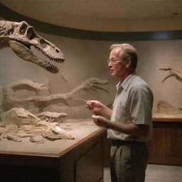 Translate Dr. Alan Grant's fascination into an image, showing him inside Jurassic Park's visitor center, in awe as he studies the impressively displayed dinosaur fossils, symbolizing the blend of past and present on Isla Nublar.