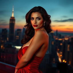 A glamorous woman in a stunning red evening gown, confidently posing against a city skyline at twilight, her hair styled in elegant waves, wearing bold red lipstick, and exuding a strong, alluring presence