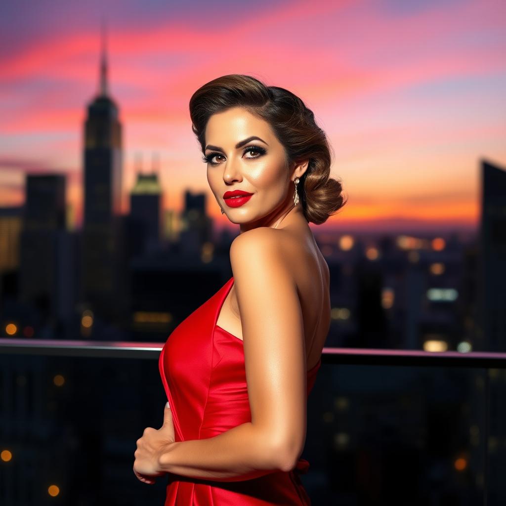 A glamorous woman in a stunning red evening gown, confidently posing against a city skyline at twilight, her hair styled in elegant waves, wearing bold red lipstick, and exuding a strong, alluring presence