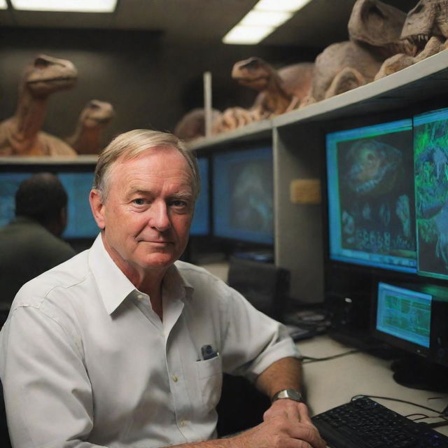 Picture Dr. Alan Grant transitioning into his new role, now seen inside Jurassic Park's computer room, monitoring the park's digital systems. His paleontologist background meets modern technology in this fusion of prehistory and innovation.