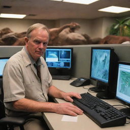 Picture Dr. Alan Grant transitioning into his new role, now seen inside Jurassic Park's computer room, monitoring the park's digital systems. His paleontologist background meets modern technology in this fusion of prehistory and innovation.