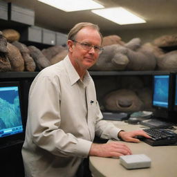 Picture Dr. Alan Grant transitioning into his new role, now seen inside Jurassic Park's computer room, monitoring the park's digital systems. His paleontologist background meets modern technology in this fusion of prehistory and innovation.