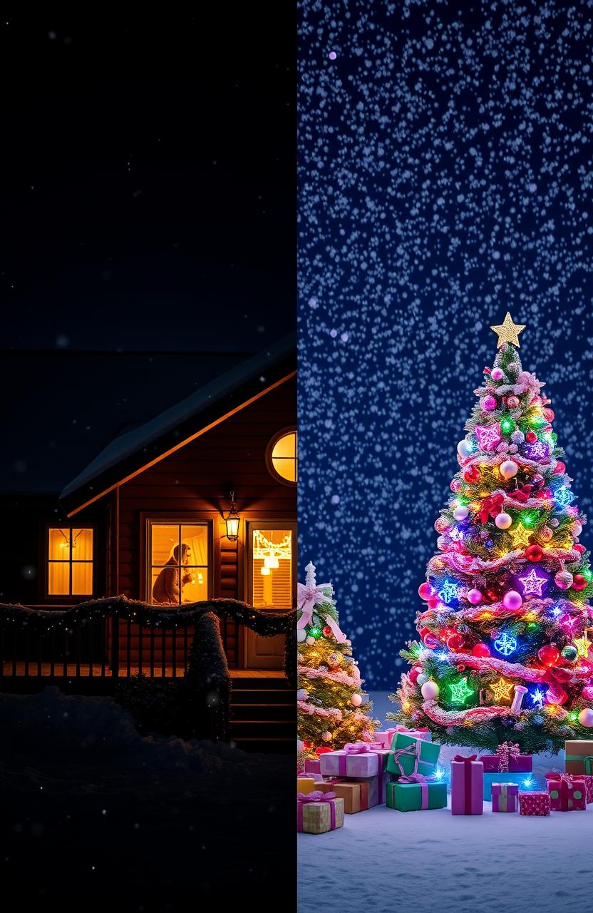 A Christmas morning scene divided in two halves: one side is dark and moody, depicting a winter night with a starry sky and a cozy cabin emitting warm light from its windows