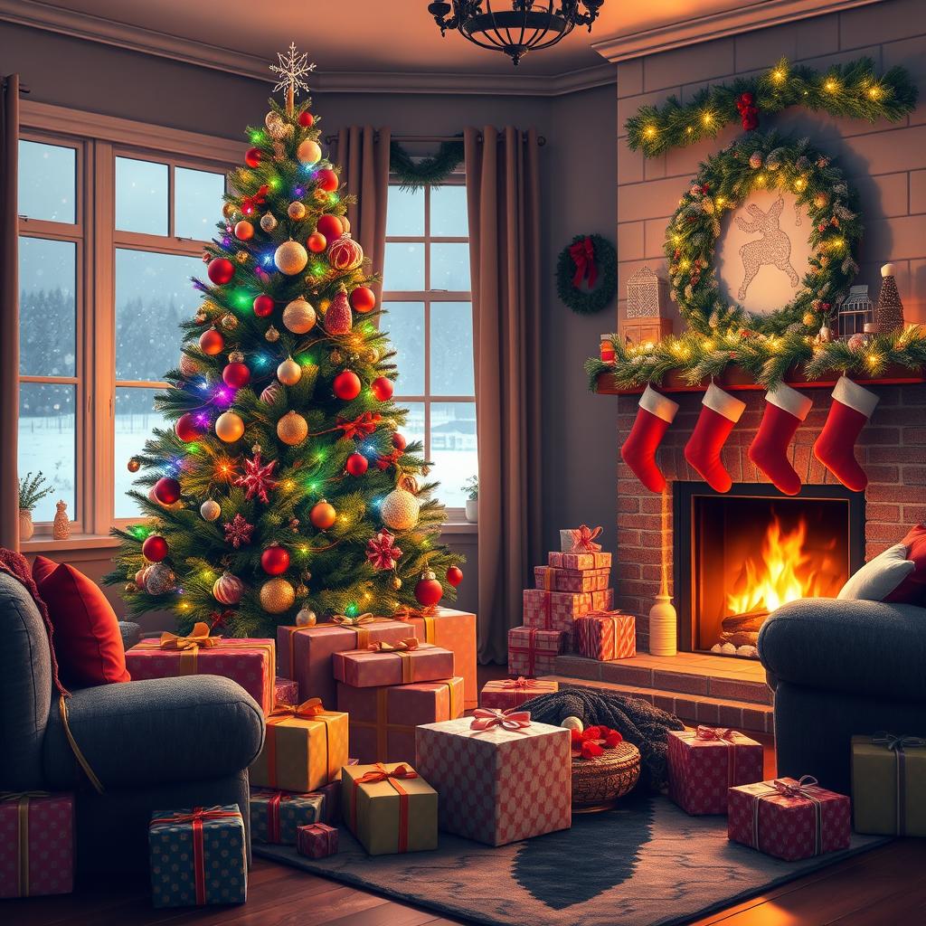 A warm and joyful Christmas morning scene with a beautifully decorated Christmas tree adorned with colorful lights and ornaments, surrounded by wrapped presents of various sizes