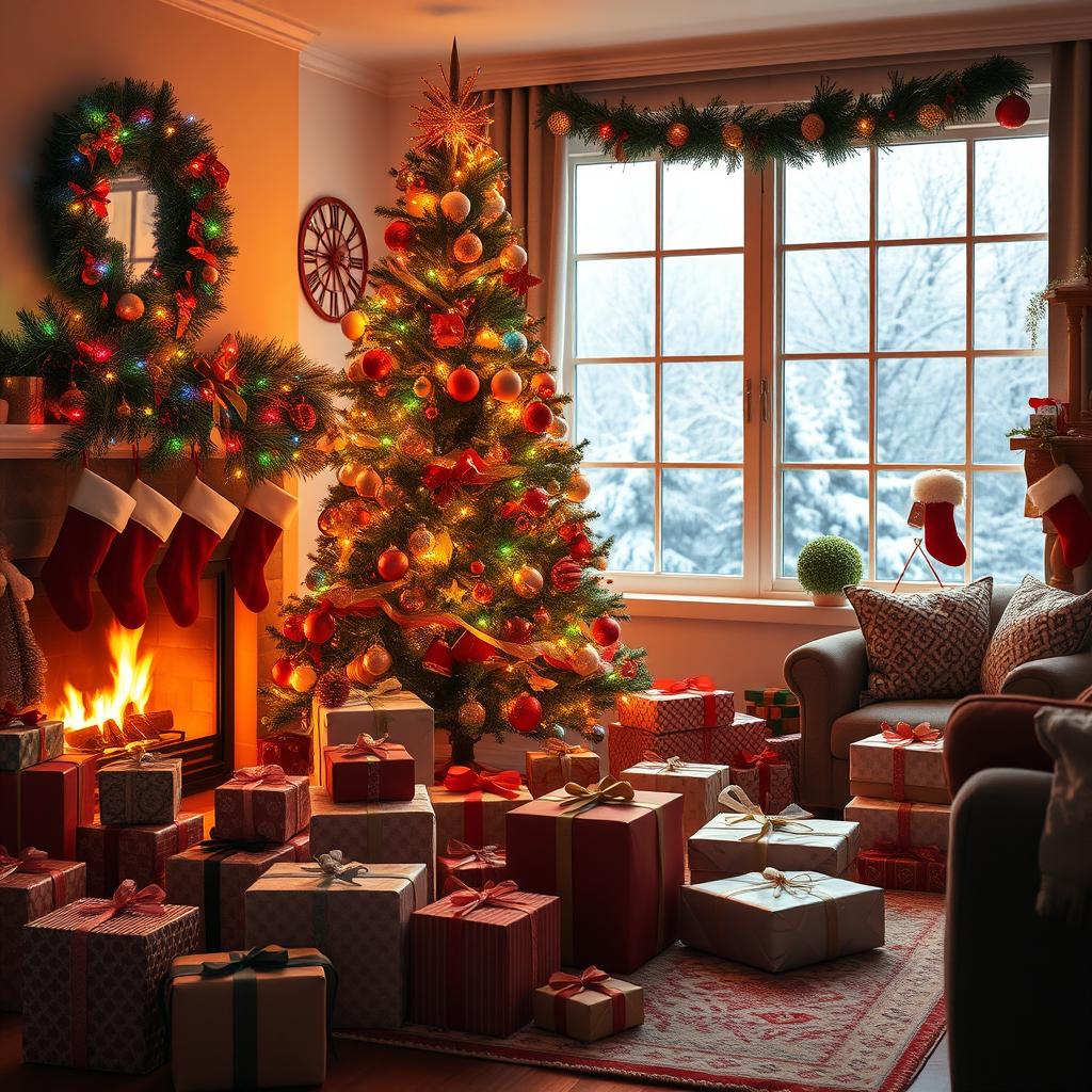 A warm and joyful Christmas morning scene with a beautifully decorated Christmas tree adorned with colorful lights and ornaments, surrounded by wrapped presents of various sizes