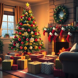 A warm and joyful Christmas morning scene with a beautifully decorated Christmas tree adorned with colorful lights and ornaments, surrounded by wrapped presents of various sizes