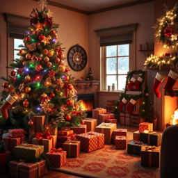 A warm and joyful Christmas morning scene with a beautifully decorated Christmas tree adorned with colorful lights and ornaments, surrounded by wrapped presents of various sizes