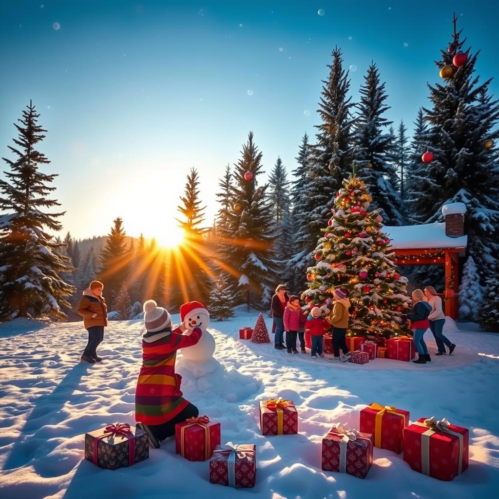 A picturesque Christmas morning scene set outdoors, featuring a snow-covered landscape with tall pine trees adorned with colorful Christmas ornaments