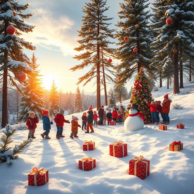 A picturesque Christmas morning scene set outdoors, featuring a snow-covered landscape with tall pine trees adorned with colorful Christmas ornaments