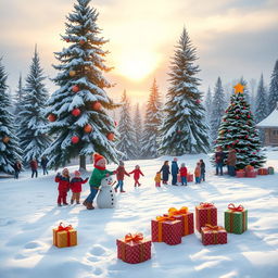 A picturesque Christmas morning scene set outdoors, featuring a snow-covered landscape with tall pine trees adorned with colorful Christmas ornaments