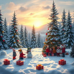 A picturesque Christmas morning scene set outdoors, featuring a snow-covered landscape with tall pine trees adorned with colorful Christmas ornaments