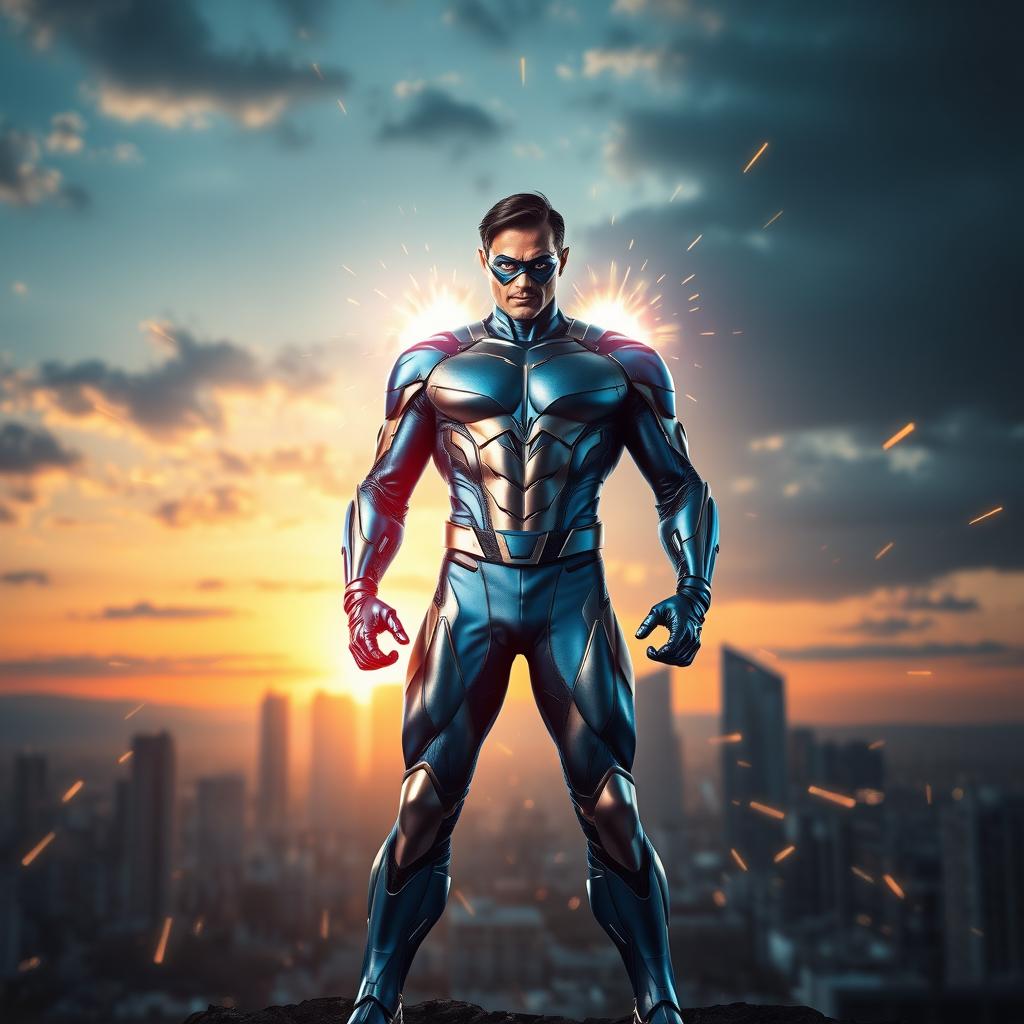 A dramatic superhero character standing tall with a powerful stance, showcasing their incredible strength and confidence