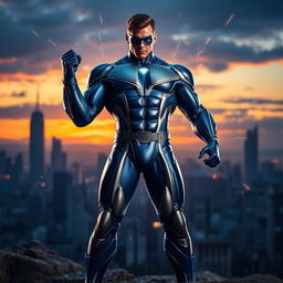 A dramatic superhero character standing tall with a powerful stance, showcasing their incredible strength and confidence