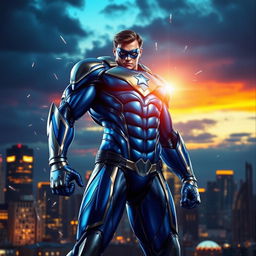 A dramatic superhero character standing tall with a powerful stance, showcasing their incredible strength and confidence