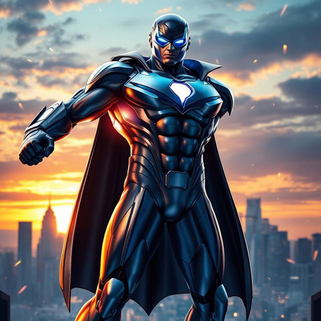 A dramatic superhero character standing tall with a powerful stance, showcasing their incredible strength and confidence