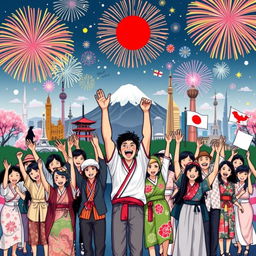 A vibrant and dynamic illustration representing the spirit of victory among various countries in a world setting, with a strong emphasis on Japan