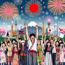 A vibrant and dynamic illustration representing the spirit of victory among various countries in a world setting, with a strong emphasis on Japan