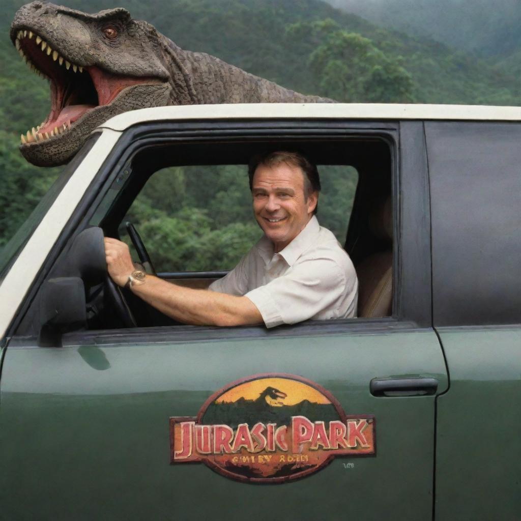 Depict an excited Dr. Alan Grant, driving a Jurassic Park-branded car towards the T-Rex paddock. The park's daunting logo emblazoned on the car's door enhances the sense of anticipation as he draws closer to the primeval predator.