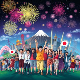 A vibrant and dynamic illustration representing the spirit of victory among various countries in a world setting, with a strong emphasis on Japan