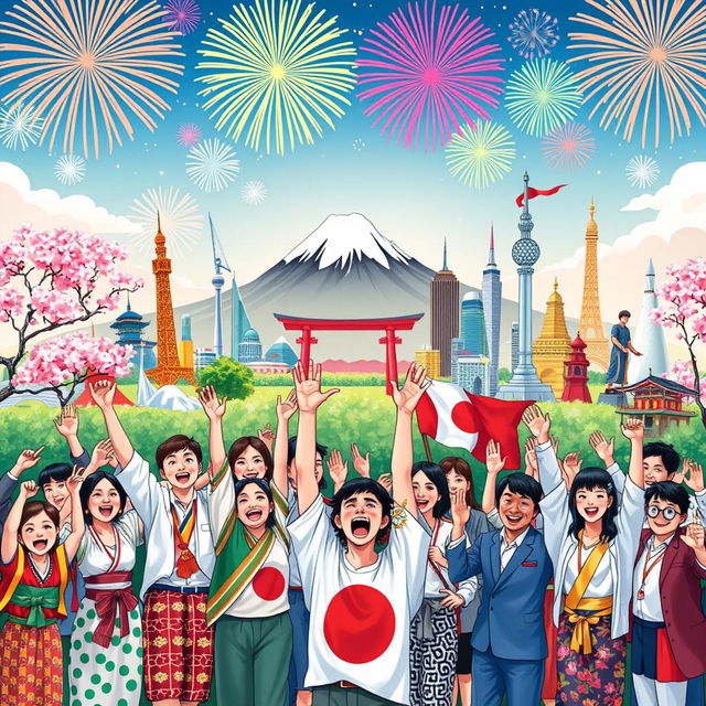 A vibrant and dynamic illustration representing the spirit of victory among various countries in a world setting, with a strong emphasis on Japan