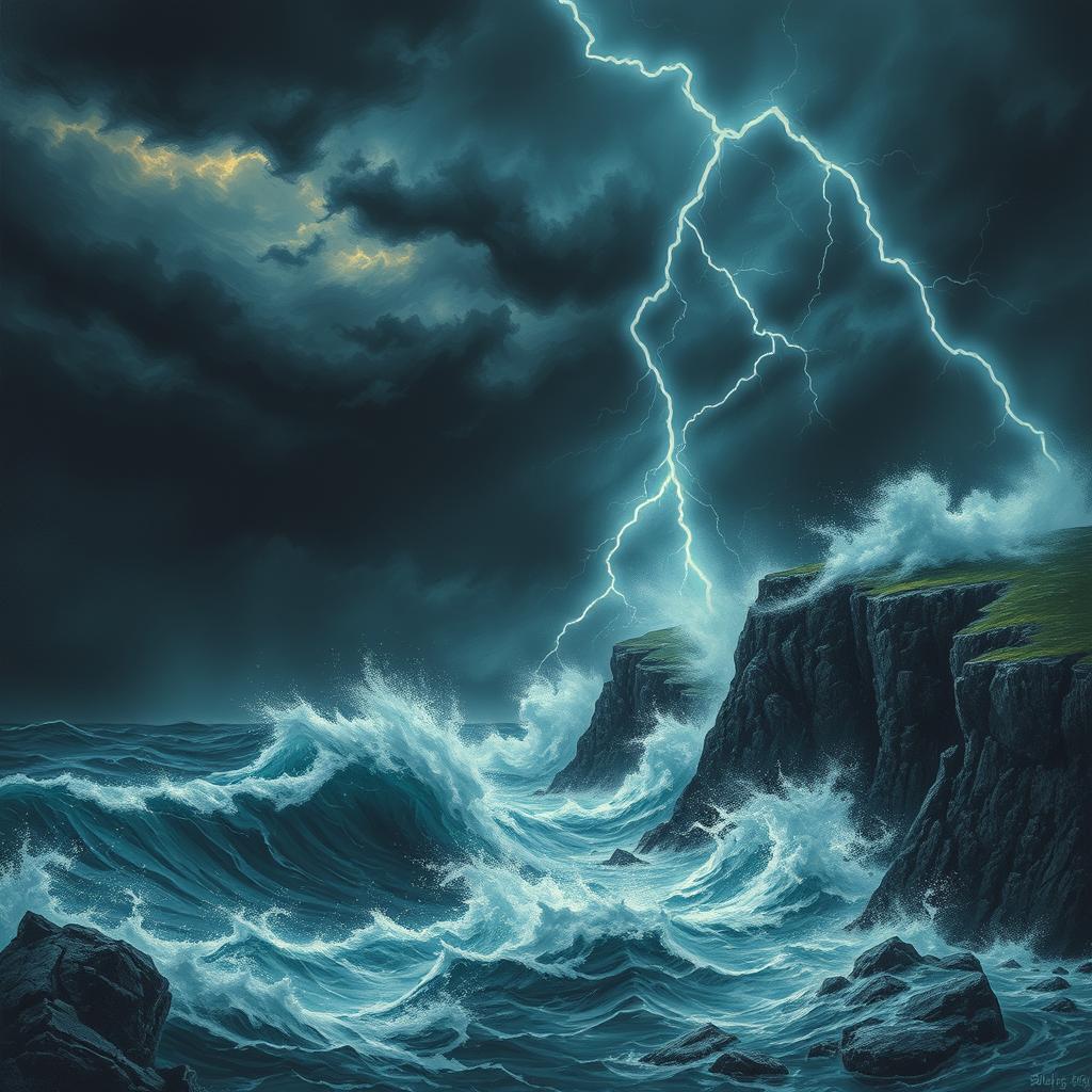 A dramatic depiction of a powerful force of nature, showcasing a tumultuous storm with swirling dark clouds, flashes of lightning illuminating the sky, and strong winds causing waves to crash violently against rugged cliffs