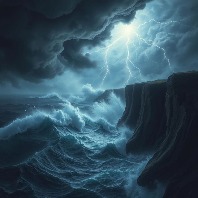 A dramatic depiction of a powerful force of nature, showcasing a tumultuous storm with swirling dark clouds, flashes of lightning illuminating the sky, and strong winds causing waves to crash violently against rugged cliffs