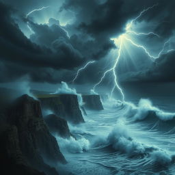 A dramatic depiction of a powerful force of nature, showcasing a tumultuous storm with swirling dark clouds, flashes of lightning illuminating the sky, and strong winds causing waves to crash violently against rugged cliffs