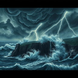 A dramatic depiction of a powerful force of nature, showcasing a tumultuous storm with swirling dark clouds, flashes of lightning illuminating the sky, and strong winds causing waves to crash violently against rugged cliffs