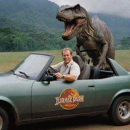 Depict an excited Dr. Alan Grant, driving a Jurassic Park-branded car towards the T-Rex paddock. The park's daunting logo emblazoned on the car's door enhances the sense of anticipation as he draws closer to the primeval predator.