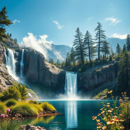 An artistic representation of various forces at play in nature, featuring a bustling waterfall cascading down the rocky mountains, contrasting with the calmness of a serene lake below