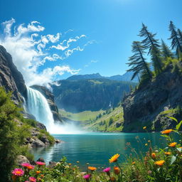 An artistic representation of various forces at play in nature, featuring a bustling waterfall cascading down the rocky mountains, contrasting with the calmness of a serene lake below