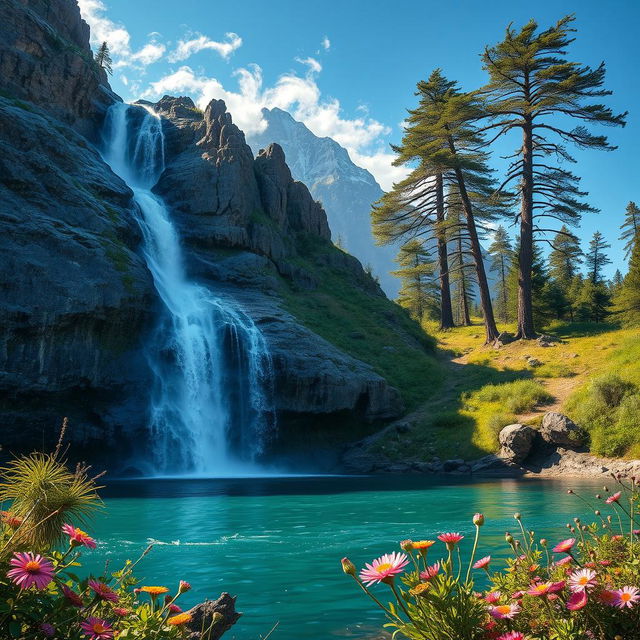 An artistic representation of various forces at play in nature, featuring a bustling waterfall cascading down the rocky mountains, contrasting with the calmness of a serene lake below