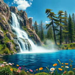 An artistic representation of various forces at play in nature, featuring a bustling waterfall cascading down the rocky mountains, contrasting with the calmness of a serene lake below