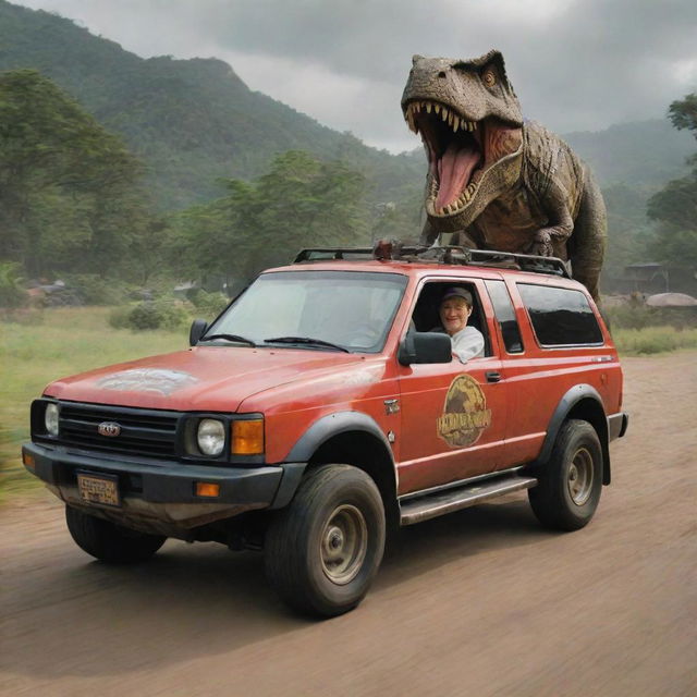 Depict an excited Dr. Alan Grant, driving a Jurassic Park-branded car towards the T-Rex paddock. The park's daunting logo emblazoned on the car's door enhances the sense of anticipation as he draws closer to the primeval predator.