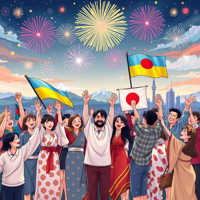 An inspiring and uplifting illustration symbolizing 'peremoga' (victory) in the context of a world united, featuring Japan and Ukraine among other countries