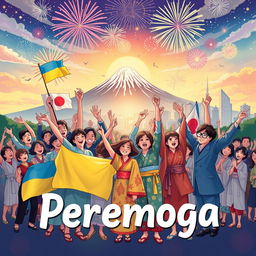 An inspiring and uplifting illustration symbolizing 'peremoga' (victory) in the context of a world united, featuring Japan and Ukraine among other countries