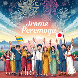 An inspiring and uplifting illustration symbolizing 'peremoga' (victory) in the context of a world united, featuring Japan and Ukraine among other countries