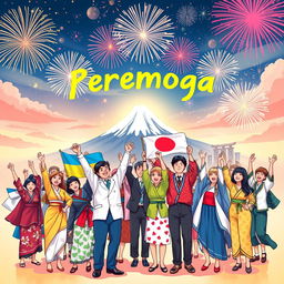 An inspiring and uplifting illustration symbolizing 'peremoga' (victory) in the context of a world united, featuring Japan and Ukraine among other countries