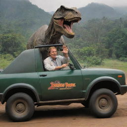 Depict an excited Dr. Alan Grant, driving a Jurassic Park-branded car towards the T-Rex paddock. The park's daunting logo emblazoned on the car's door enhances the sense of anticipation as he draws closer to the primeval predator.