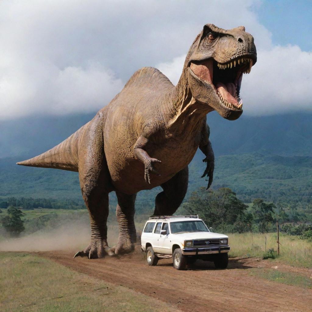 Modify the image to exhibit the mighty T-Rex, now enclosed in an imposing 90-meter high electric fence. This colossal structure towers over the car driven by a cautious Dr. Alan Grant, demonstrating the immense scale of Jurassic Park.