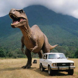 Modify the image to exhibit the mighty T-Rex, now enclosed in an imposing 90-meter high electric fence. This colossal structure towers over the car driven by a cautious Dr. Alan Grant, demonstrating the immense scale of Jurassic Park.