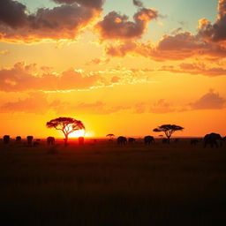 A stunning landscape depicting a beautiful African golden hour, with a vibrant orange and yellow sunset illuminating the horizon