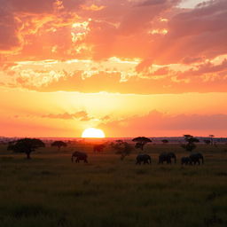 A stunning landscape depicting a beautiful African golden hour, with a vibrant orange and yellow sunset illuminating the horizon